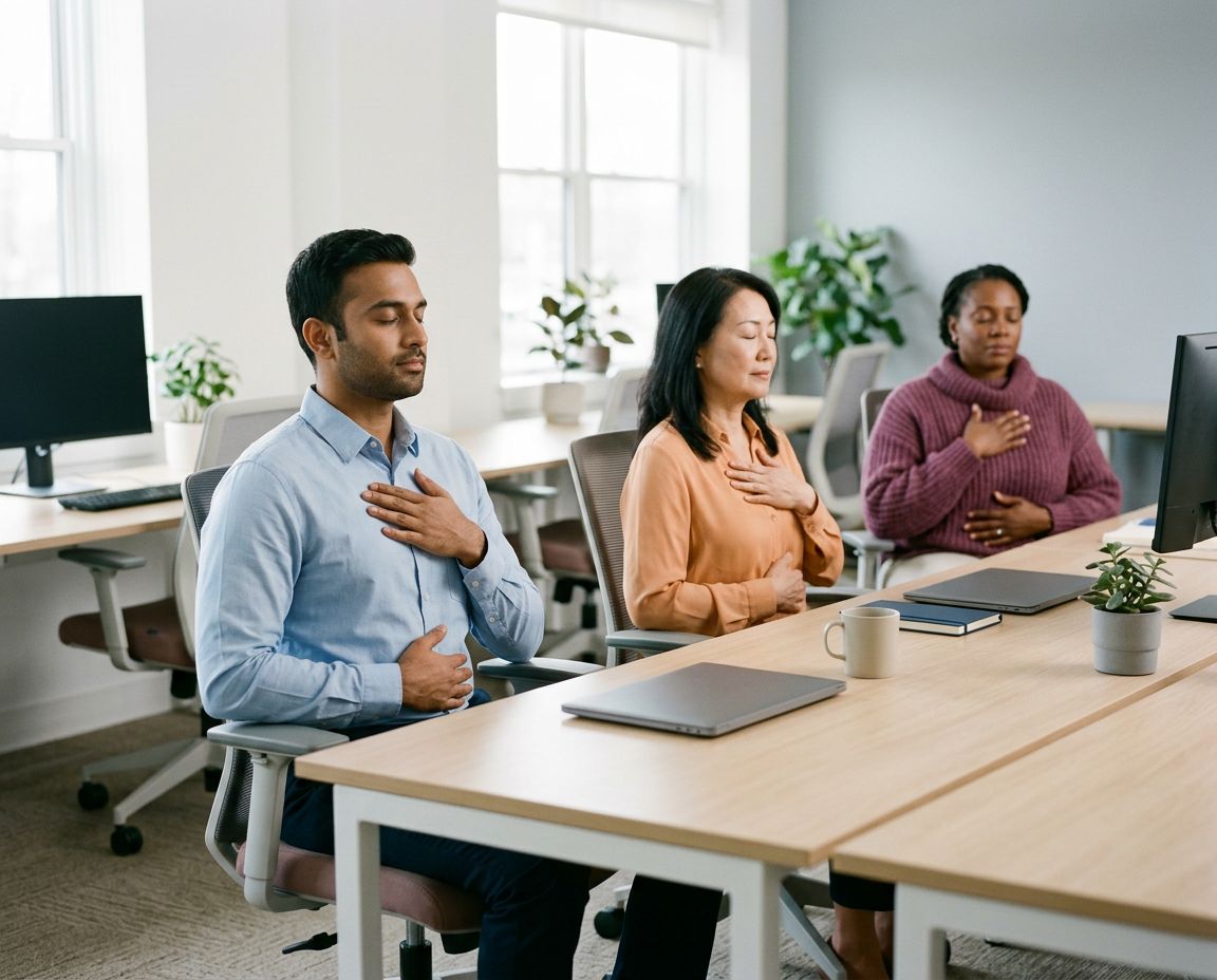 Three colleagues sitting upright at their desks, eyes closed and a hand on the chest, breathing slowly together