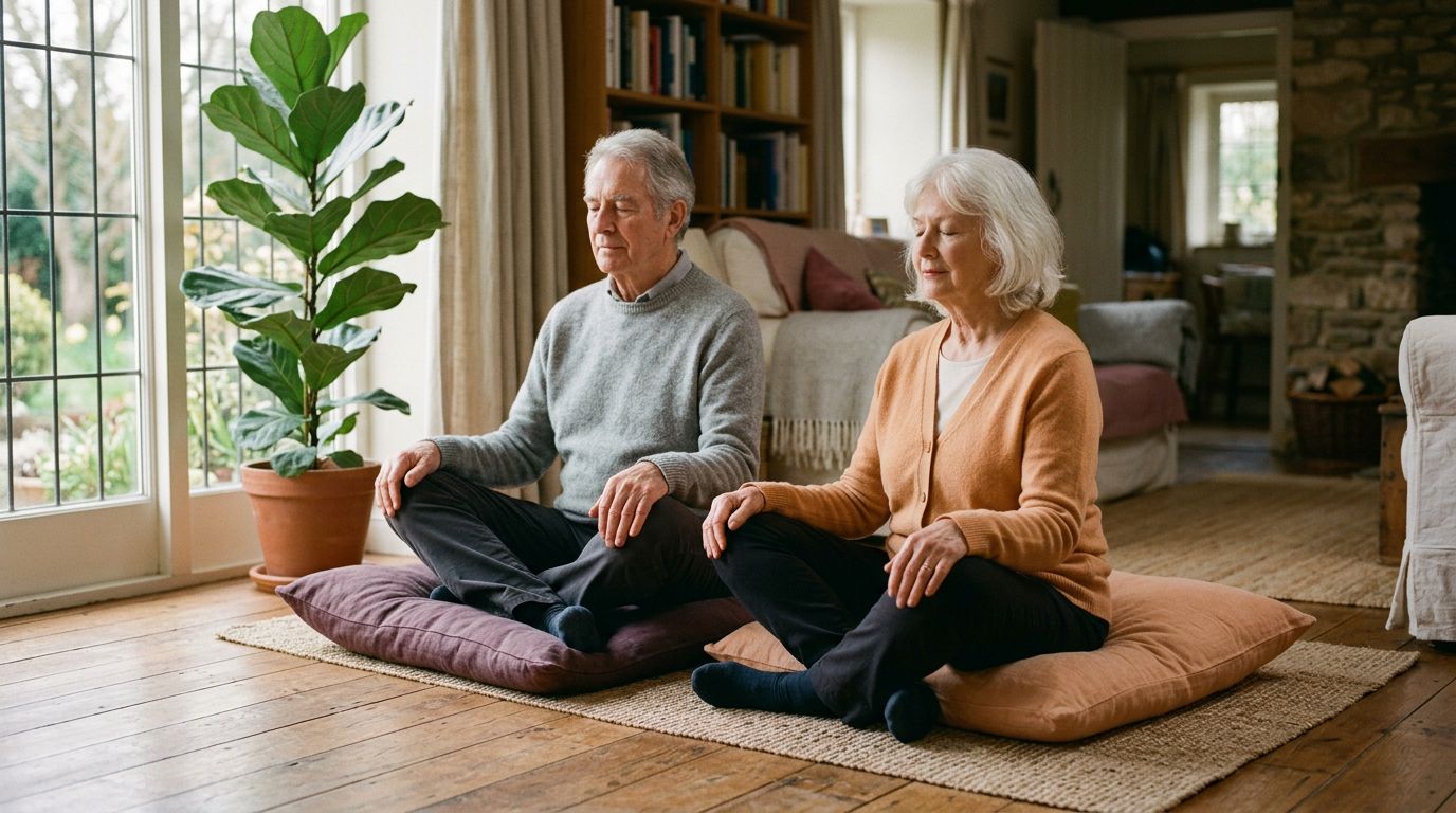 An older couple sitting cross-legged on floor cushions in their living room, eyes closed, breathing together