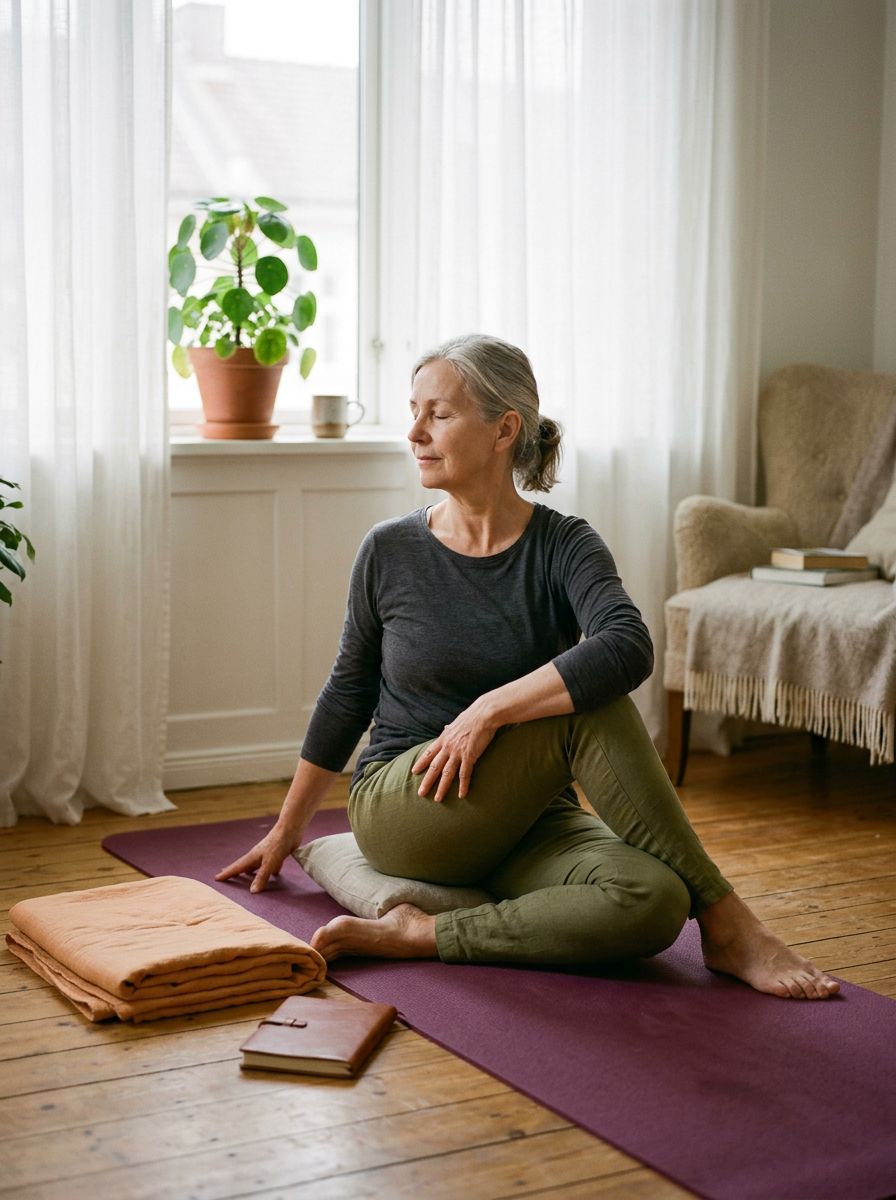 A woman with silver hair holding a gentle seated twist on a plum yoga mat by a sunlit window at home