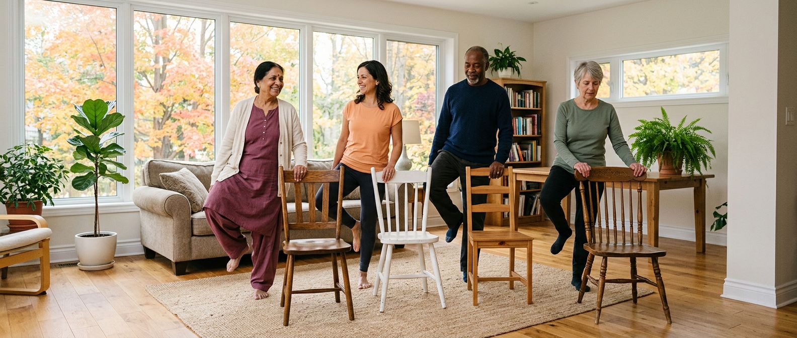 A small group balancing on one leg behind wooden chairs in a sunny living room, smiling as they hold the pose together